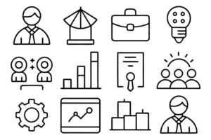 Collection of icons for business workshops, including elements like presentations, collaboration, and skills training. Ideal for corporate learning and coaching visuals. Flat style. vector