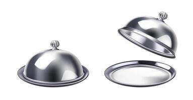 3d realistic icon illustration. Food cloche with cover and tray closed and open. Isolated. vector