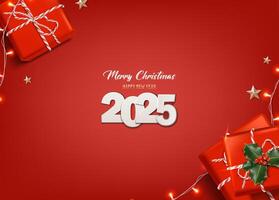 realistic 2025 Christmas and New Year background, banner, flyer, greeting card, postcard. Square orientation. Red background with gift boxes and candles with mistletoe. vector