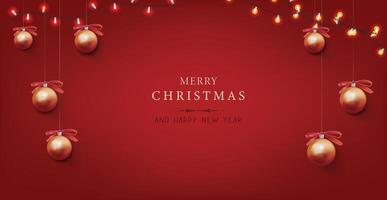 Happy 2025 New Year banner with Christmas decorations on red background. vector