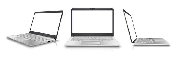 3d realistic collection of laptop in side, front view. Isolated on white background. Perfect for your advertisement. vector
