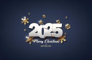 Holiday greeting banner, flyer and card. illustration Merry Christmas and happy new year background. Dark background with golden hanging background and 2025 numbers. vector