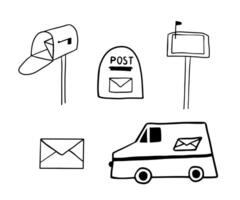 Hand drawn doodle mail. Open mailbox with letter and car. Set of postal elements vector