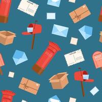 Seamless watercolor pattern with open and closed envelopes and red post box on dark blue background vector