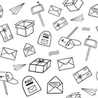 Seamless pattern with Hand drawn doodle mail or delivery elements. Open mailbox with letter, mailbox. Set of postal objects vector