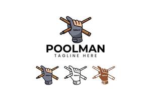 hand wearing mitten, holding stick billiard logo design. glove billiard with cue pool element design. gauntlet snooker with stick crossed icon illustration logo for billiard sport club and tournament vector