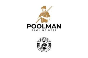 billiard player wearing hat and holding stick logo design. billiard man with cue pool and cap element design. snooker player with stick icon illustration logo for billiard sport club and tournament vector