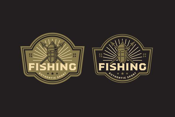 fishing light with spear, fisherman lamp with pike retro badge logo design set. fishing sign with javelin, lance vintage emblem logo collection for fisherman, fishing gear, sport and competition