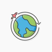 Space planet illustration drawn with globe elements and circling rocket. Designed in a simple cartoon flat style. vector