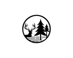 A deer and pine trees in a circle logo vector