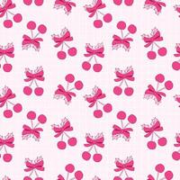 Festive Pink Cherry Pattern With Bows And Leaves On Grid Background vector