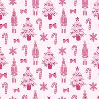Pink Nutcracker Christmas Pattern With Candy Canes and Snowflakes vector
