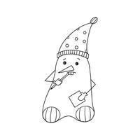 Thoughtful Snowman in a hat with a pencil in his hand thinks what to write in the list for the New Year. Design for the New Year. Coloring book for children vector
