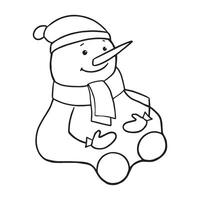 Cute Snowman in a hat, scarf and mittens sits waiting for the New Year. New Year s card. Coloring for children. clip art. vector