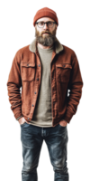 A man with a beard and glasses wearing a brown jacket png