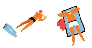 Leisure Reading and Sunbathing on Beach vector