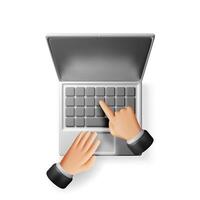 3D cartoon laptop computer and hands isolated. Render notebook LCD display mock up with blank screen. vector