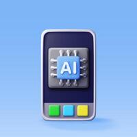 3d AI chip in smartphone. Render artificial intelligence mobile phone chip set icon vector