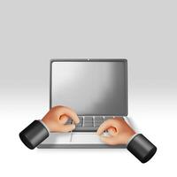 3D cartoon laptop computer and hands isolated. Render notebook LCD display mock up with blank screen. vector