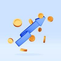 3D growth stock chart arrow with golden coins. Render stock arrow with money shows growth or success vector
