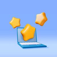 3D laptop with customer feedback isolated. Reviews gold star in computer realistic render. vector