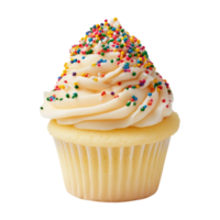A cupcake with white frosting and sprinkles png