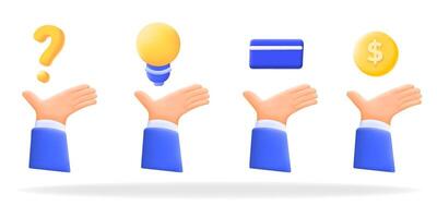 3d illustration of open hand gesture with question mark, light bulb, credit card and dollar sign, for finance, innovation, customer support, and e-commerce themes vector