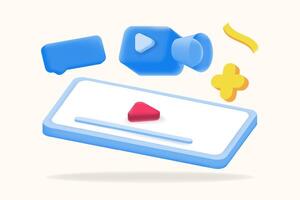 3d illustration media content icon with a player, speech bubble, and notification elements vector