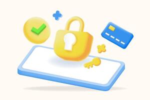 3d illustration of Secure your digital transactions with 3D icons of a padlock, key, credit card, and checkmark on a smartphone. vector