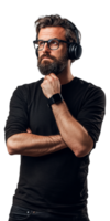 A man with a beard and glasses is wearing headphones png