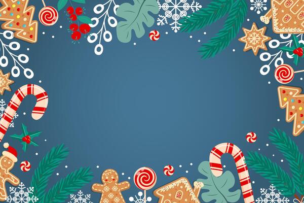 Christmas background with candy cane, gingerbread, twigs, berries, leaves and snowflakes. Copy space.