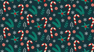 Seamless pattern with candy cane, fir branch, twigs, swirl candies, holly and snowflakes. Merry Christmas and Happy New Year design. vector
