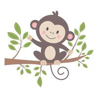 Cute monkey on tree branch isolated on white background. Cartoon nursery art baby character. vector