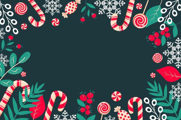 Christmas background with candy cane, lollipop, candy, twigs, berries and snowflakes on dark green background. Copy space. Decorative Christmas border.