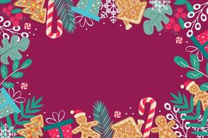 Christmas background with candy cane, gingerbread, twigs, berries, gift boxes and snowflakes on dark red background. Copy space. vector