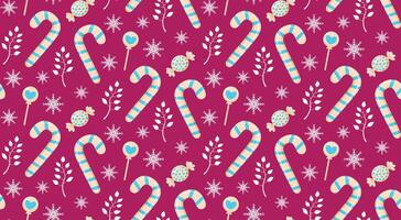 Seamless pattern with candy cane, wrapping candy, lollipop, twig and snowflakes. Merry Christmas and Happy New Year design. vector