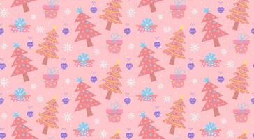 Seamless pattern with christmas trees, gift boxes, balls and snowflakes on pink background. Merry Christmas and Happy New Year design. vector