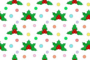 Festive seamless pattern featuring mistletoe with red berries and vibrant colorful circles on white. vector