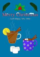 A festive holiday card design with steaming mugs of mulled wine and cocoa, cinnamon sticks, and marshmallows on a blue background. A3 postcard. vector