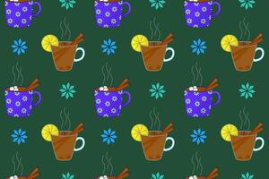 Festive seamless pattern featuring steaming mugs of hot cocoa and tea with cinnamon, lemon, and marshmallows. vector