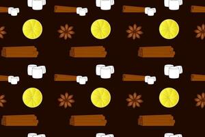 Seamless pattern featuring cinnamon sticks, marshmallows, lemon slices, and star anise on a dark brown background. vector