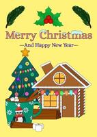 A colorful Christmas greeting card featuring a gingerbread house, decorated tree, holiday mug, and festive text. A3 postcard. vector