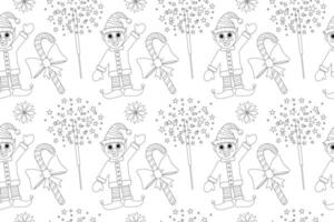 Black and white Christmas-themed coloring page with elves, candy canes, snowflakes, and sparklers in a seamless pattern. vector