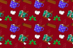 Festive seamless pattern featuring mugs of hot cocoa, marshmallows, cinnamon sticks, and holly leaves on a red background. vector