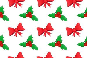 Festive seamless pattern featuring red bows and green holly leaves with red berries on a white background. vector