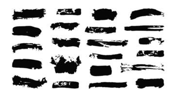 Multiple black paint strokes with diverse textures and brush techniques. Charcoal shape, ink paint grunge abstract spot isolated on white background. Simple text borders. vector