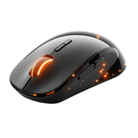 Black Computer Mouse with Orange Lighting on Scroll Wheel, Floating in Air png