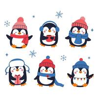 Set of cute penguins in winter clothes. graphics. vector