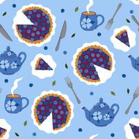 Seamless pattern with blueberry pies and tea. graphics. vector