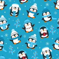 Seamless pattern with cute penguins in winter clothes, snowflakes and fir trees. graphics. vector